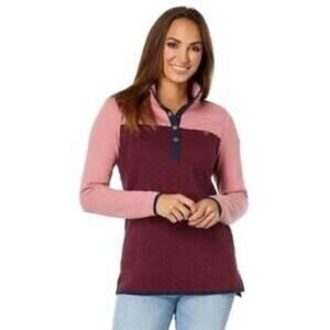 L.L. BEAN Pullover Quilted & Fleece Quarter Snap Colorblock Mock Neck Merlot